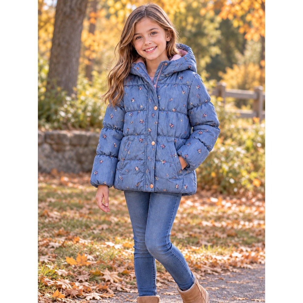 Oshkosh B'Gosh Girls 10 Blue Floral Hooded Puffer Jacket-Fleece Lined-Outdoor